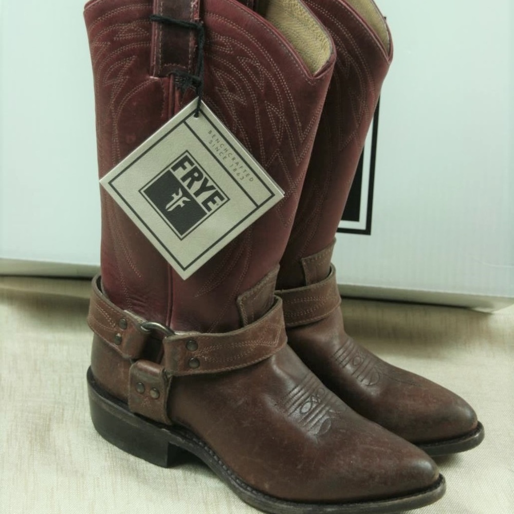 Frye Boots Billy Harness Cowboy Boots Distressed